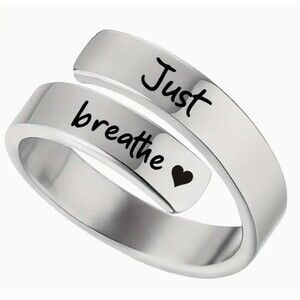 Stainless Steel Carved JUST BREATH Heart Adjustable Ring